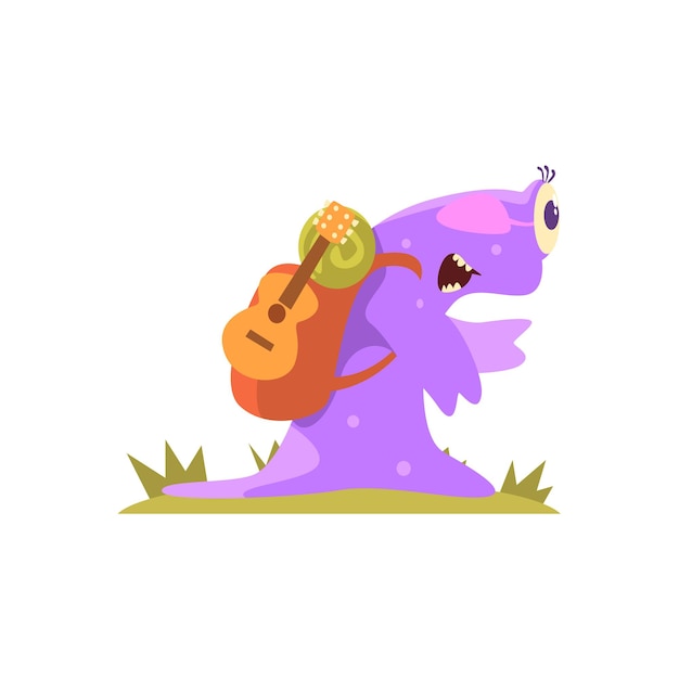 Purple slug jelly monster carrynig mochila y guitarra alien camping senderismo ilustración de dibujos animados