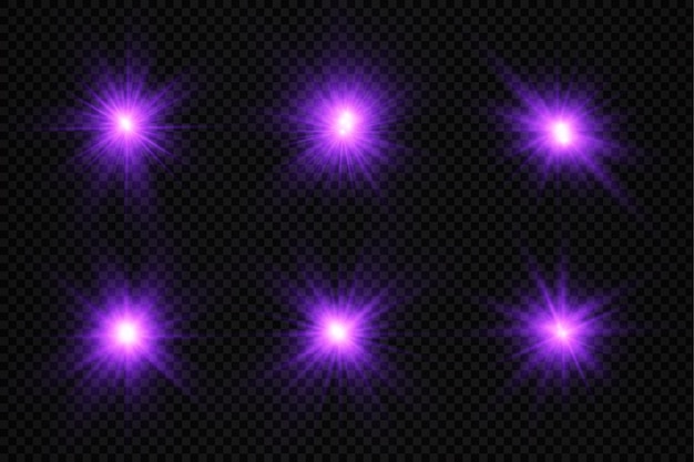 Púrpura brillante luz ráfaga resplandor brillante estrella violeta rayos de sol efecto de luz llamarada de sol vector