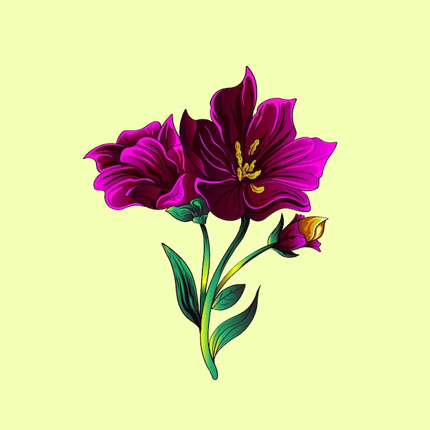 Púrpura Hermoso Lirio Plano Vector Lirio rama y hojas Postal floral Elementos de boda dibujos animados