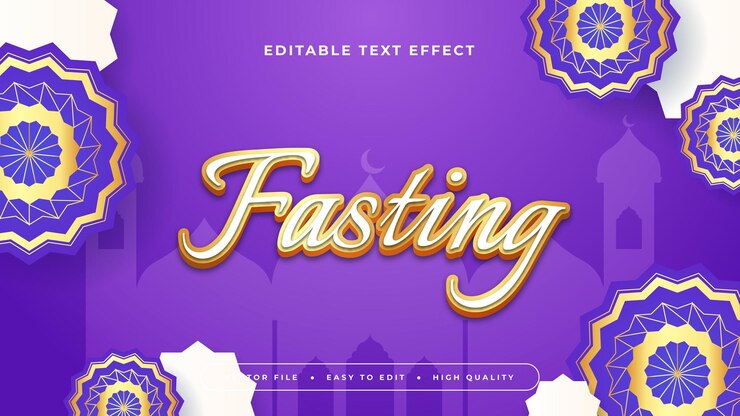 Vector púrpura violeta blanco y oro ayuno 3d efecto de texto editable estilo de fuente efecto de estilo de texto de ramadán