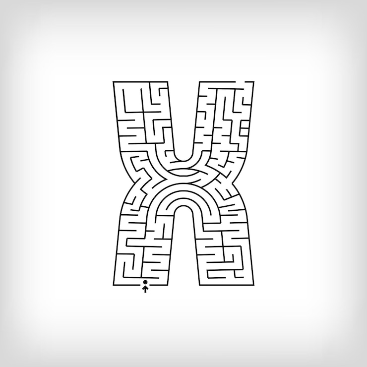 Vector puzzle de laberinto de letra lineal x único juego confuso y conjunto de actividades educativas