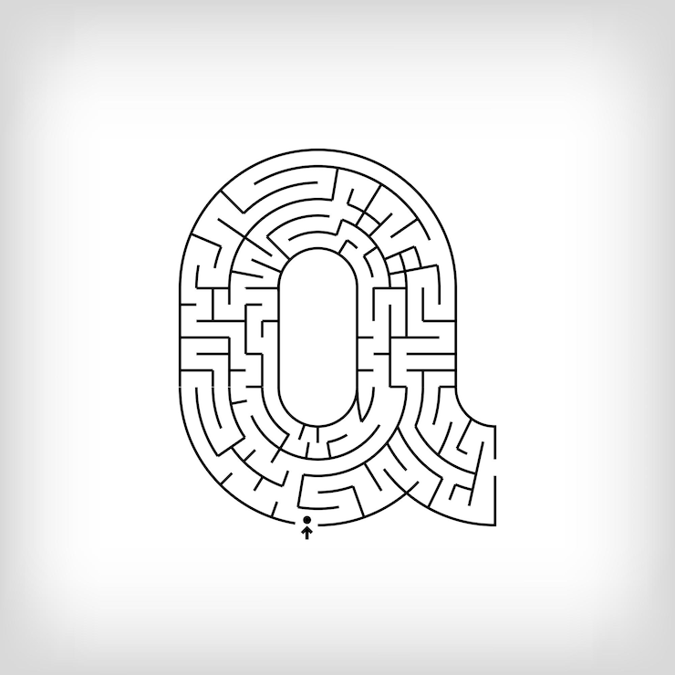 Vector puzzle de laberinto de letra q lineal única juego confuso y conjunto de actividades educativas