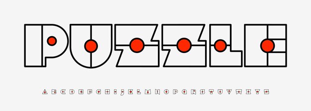 Puzzle modular alphabet outlined geometric font with red ball Typescript for creative mental game branding logicbased play typography abstract typographic gaphic design Vector typeset