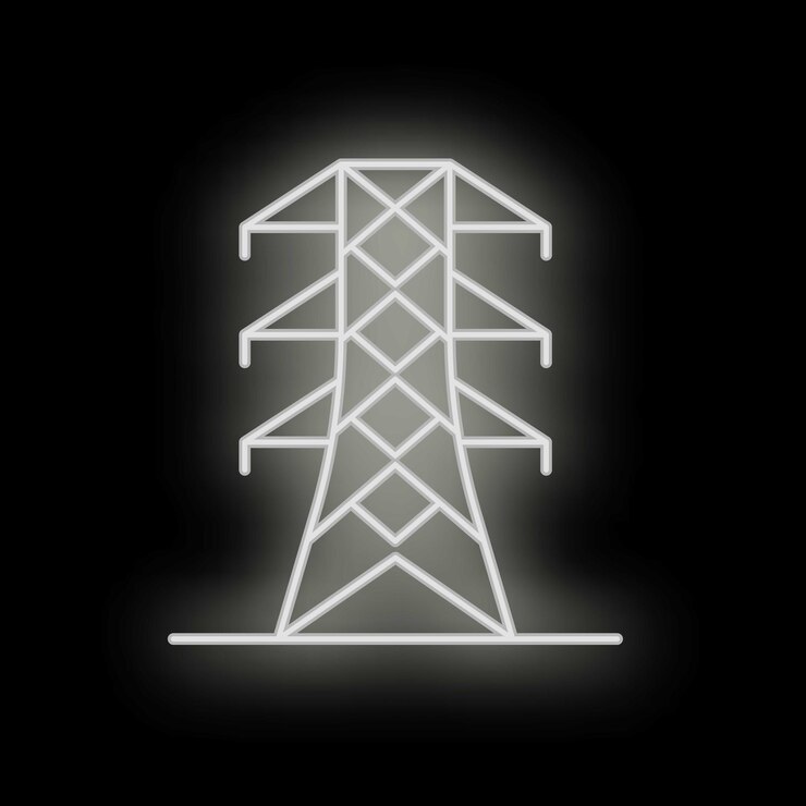 Vector pylon de línea de energía de alto voltaje de neón brillando sobre un fondo negro