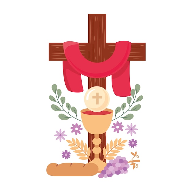 Vector pyx con jesús eucaristía entre flores y cruz ilustración vectorial