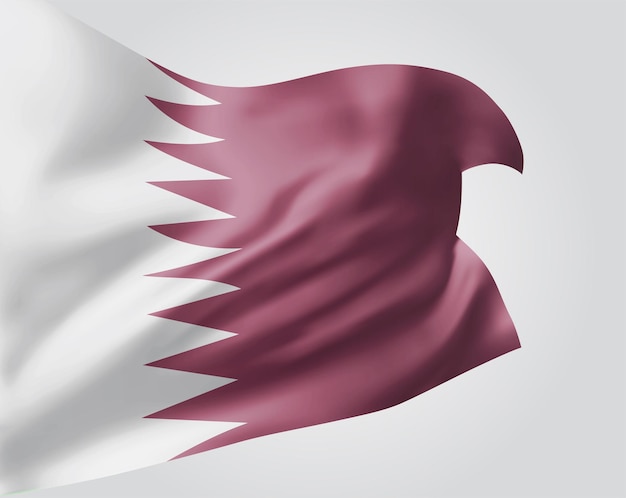 Qatar, bandera vectorial con olas y curvas ondeando en el viento sobre un fondo blanco.