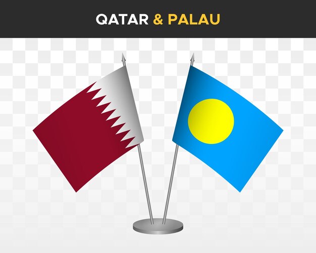 Qatar vs palau escritorio banderas maqueta aislado 3d vector ilustración Bandera de mesa de Qatar