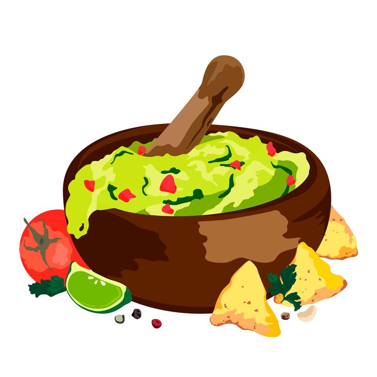 Vector quacamole en cuenco comida tradicional mexicana ilustración de color vectorial aislada en fondo blanco