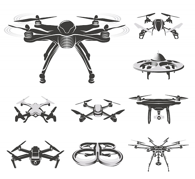 Quadcopter aislado, colección drone rc, ilustración del dispositivo fpv