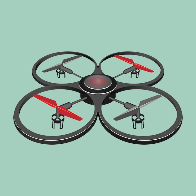 Quadrocopter aislado sobre fondo verde claro. Ilustración de helicóptero quadrotor o quadrotor, helicóptero multirotor levantado y propulsado por cuatro rotores en estilo plano realista