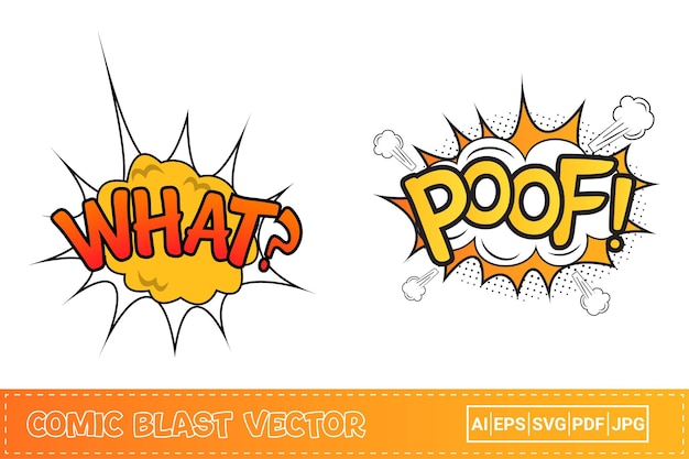 Qué cómic estalló de colores rojo y amarillo. Poof explosión cómica con color amarillo, blanco y naranja. Explosión de ráfaga cómica. Puf, explosión con burbuja de nube para discursos de dibujos animados. Vector de explosión cómica.