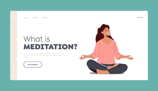 ¿Qué es la plantilla de la página de destino de la meditación del yoga? Mujer meditando en la postura del loto Relajación pacífica del personaje femenino
