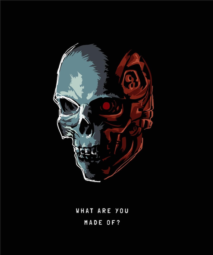 Vector de qué estás hecho eslogan con cabeza de robot medio cráneo en la ilustración de la sombra