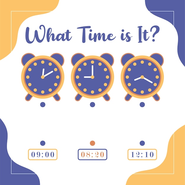 ¿Qué hora es? Aprender la hora en el reloj. Hoja de trabajo de actividad educativa premium para niños