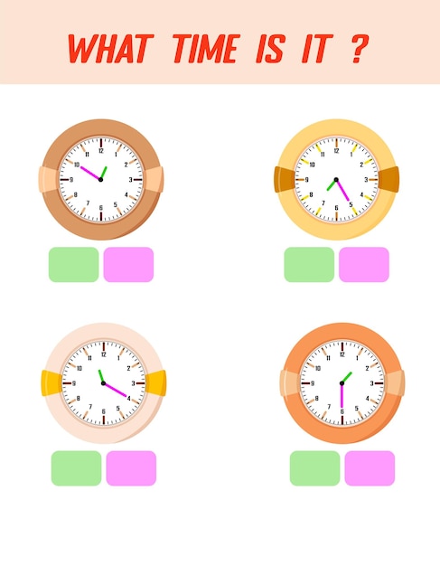 ¿Qué hora es? Aprendiendo la hora en el reloj. Hoja de trabajo de actividad educativa para niños y niños pequeños. Juego preescolar. Rompecabezas con reloj. Juego educativo para niños.