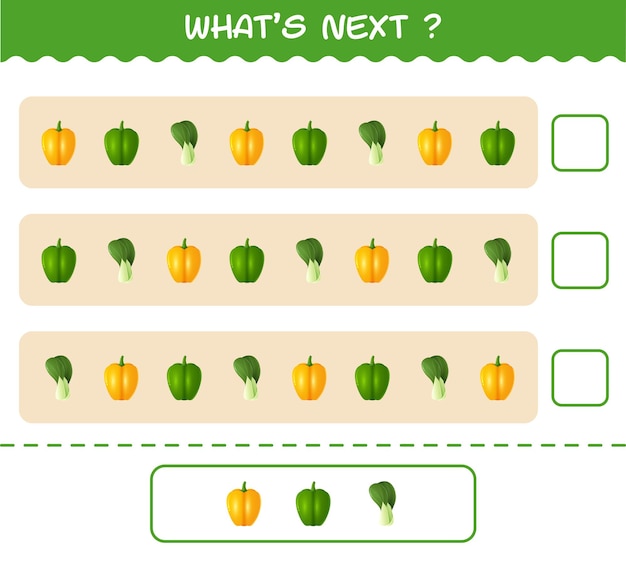 ¿Qué viene después? Juego educativo de verduras de dibujos animados. Encuentre la regularidad y continúe la tarea de la fila. Juego educativo para niños y niños pequeños en edad preescolar.