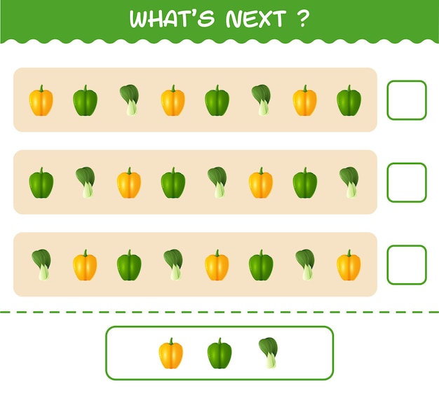 ¿qué viene después? juego educativo de verduras de dibujos animados. encuentre la regularidad y continúe la tarea de la fila. juego educativo para niños y niños pequeños en edad preescolar.