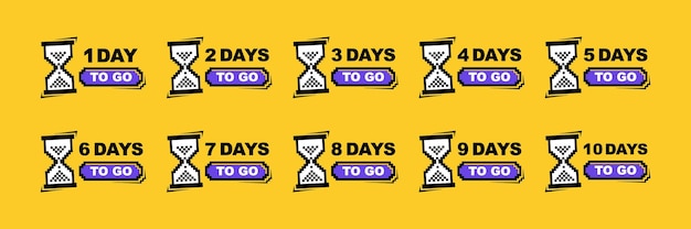 Quedan días para ir del 1 al 10 Diseño de etiquetas geométricas con plantilla de reloj de arena para ventas o venta al por menor Diseño de arte de píxeles Ilustración vectorial moderna