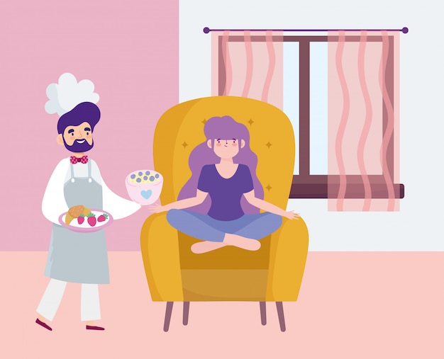 quedarse en casa, chef masculino con comida en las manos y niña sentada en una silla de dibujos animados,