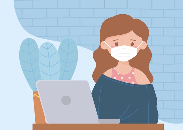 Quedarse en casa, joven con máscara portátil trabajando