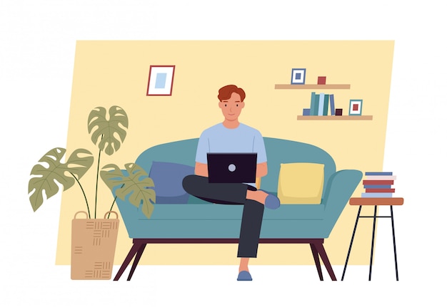 Quédate en casa. Hombre joven que trabaja en la computadora portátil en casa. Freelance, trabajo en casa, trabajo remoto y oficina en casa. Ilustración de vector en un estilo plano