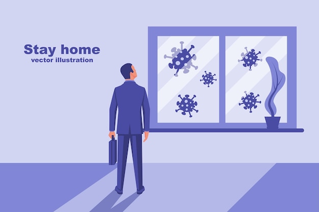 Quédese en casa Concepto de autoaislamiento Triste hombre de negocios está mirando por la ventana Bacterias del coronavirus fuera de la ventana Prevención de epidemias Ilustración vectorial Diseño plano Cuarentena doméstica