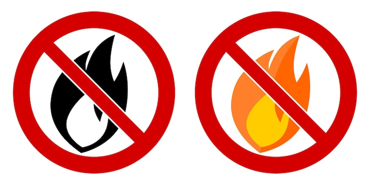 Vector quema de fuego abierto signo prohibido. símbolo de llama en círculo cruzado rojo.