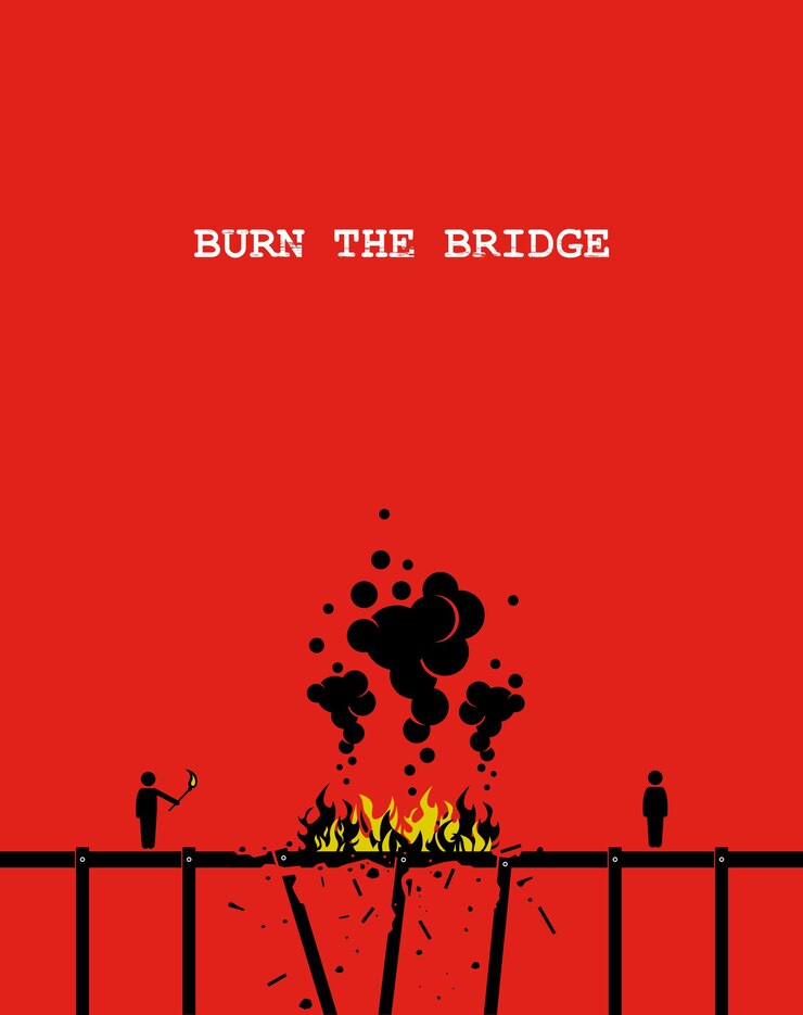 Vector quema el puente. ilustraciones que representan a una persona quemando un puente con fuego para que la otra persona ya no pueda cruzar.