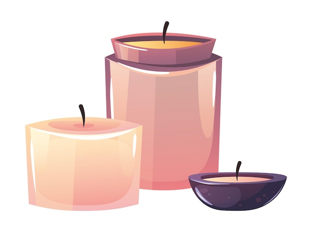 Quema de velas aromáticas en llamas para la terapia de relajación del spa aislada en la colección de conjuntos de fondo blanco