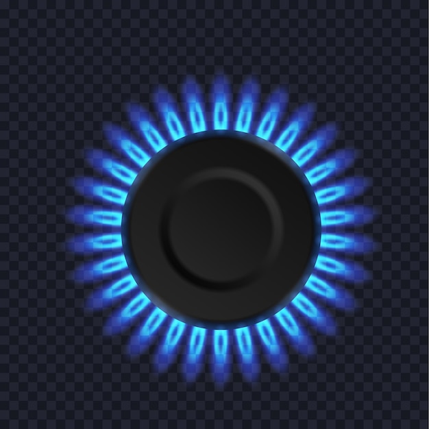 Vector quemador de gas moderno con llama azul realista. anillo de quemador de gas de cocina de vista superior. elemento de horno de butano de propano 3d para cocinar aislado sobre fondo oscuro. ilustración vectorial