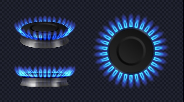 Quemador de gas realista con anillo de fuego brillante de llama azul en la estufa de la cocina Maqueta de plantilla de butano de propano quemado en el horno para cocinar en la ilustración de vector 3d de vista superior y lateral
