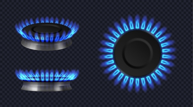 Quemador de gas realista con anillo de fuego brillante de llama azul en la estufa de la cocina maqueta de plantilla de butano de propano quemado en el horno para cocinar en la ilustración de vector 3d de vista superior y lateral