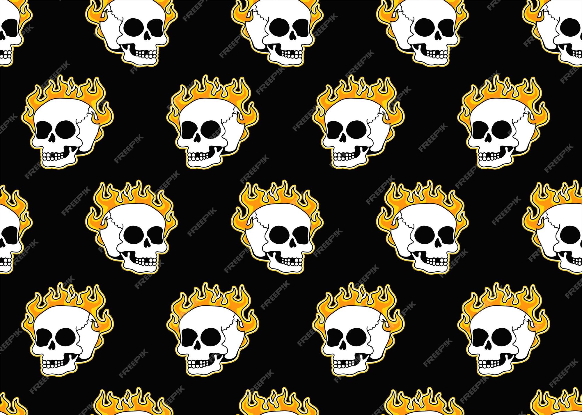 Quemadura de cráneo en patrón sin costuras de fuego diseño de logotipo de ilustración gráfica de dibujos animados vectoriales cráneo psicodélico trippy estampado de fuego del infierno para concepto de fondo de Quemadura de cráneo en patrón sin costuras de fuego diseño de logotipo de ilustración gráfica de dibujos animados vectoriales cráneo psicodélico trippy estampado de fuego del infierno para concepto de fondo de