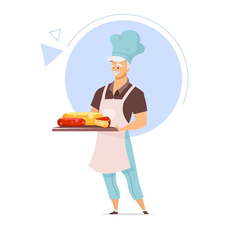 Vector quesero con ilustración de color plano de bandeja. concepto de elaboración de queso. chef masculino en delantal. tienda de quesos. industria de alimentos. producto lácteo. personaje de dibujos animados aislado sobre fondo blanco.