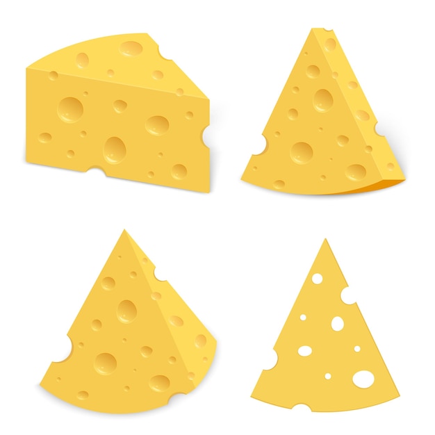 Vector queso con agujeros. trozo de queso triangular realista.