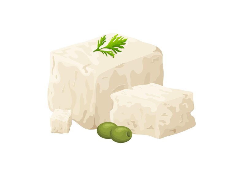 Vector queso blando feta queso salado griego de dibujos animados paz blanca hecha de leche de oveja alimento delicioso de lecha de soja ilustración vectorial de producto vegetariano