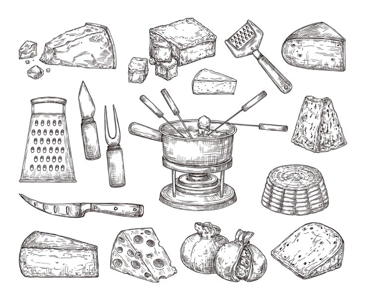 Vector queso diferente. ingredientes de la receta, boceto de comida de fondue y cubiertos. dibujado a mano queso parmesano gouda edam cheddar, cena almuerzo conjunto de vectores exactos. pieza de comida de queso de ilustración, deliciosa mozzarella