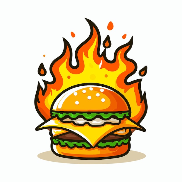 Vector queso hamburguesa con dibujos animados de fuego ilustración vectorial de estilo