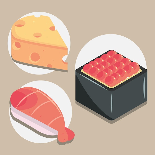 Vector queso isométrico de comida rápida, iconos de pescado