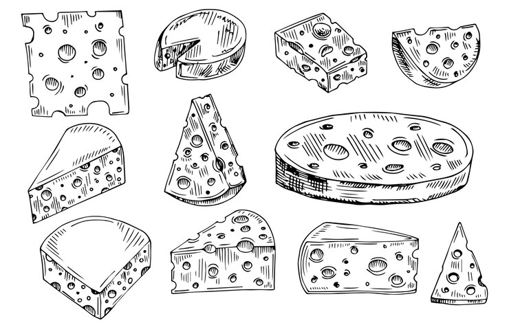 Vector queso orgánico lácteo mantequilla comida fresca vector dibujado a mano ilustración conjunto etiqueta de menú