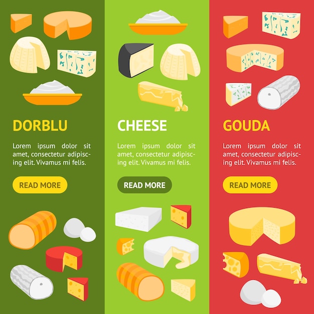 Queso producto lácteo banner vecrtical set vector