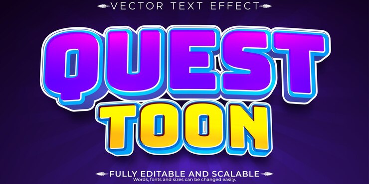 Vector quest efecto de texto editable estilo de texto de dibujos animados y aventuras editable