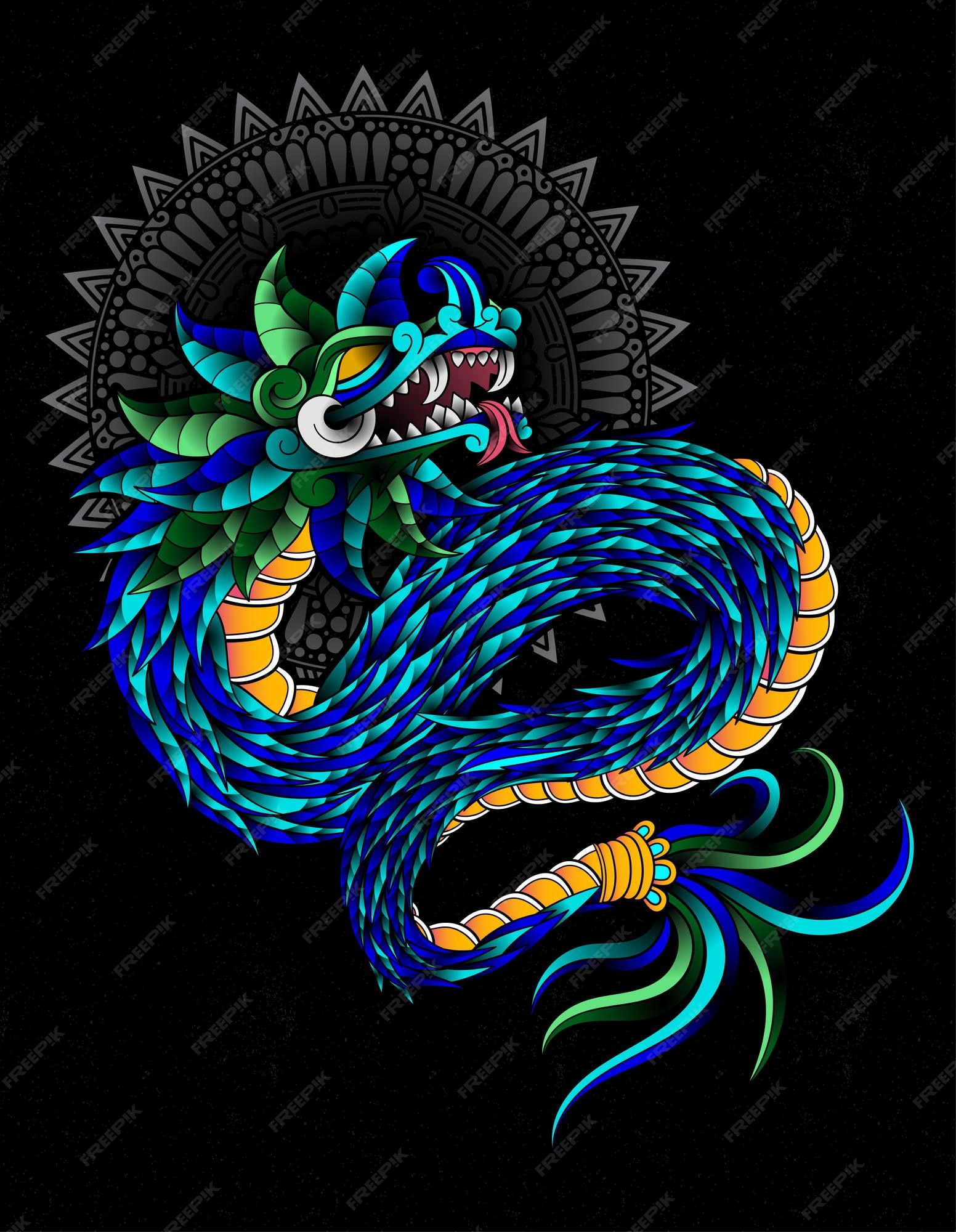 Quetzalcóatl tatuaje azul y verde dios azteca | Vector Premium