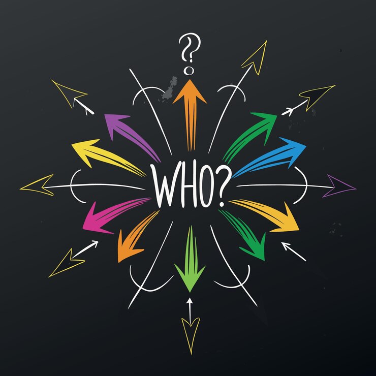 Vector quien idea de negocio para preguntar por persona o concepto de cliente flechas de varios colores que apuntan a la palabra w
