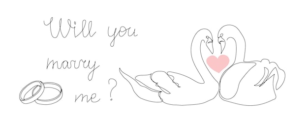 ¿quieres casarte conmigo un dibujo de línea continua de pareja enamorada anillos de boda cisnes