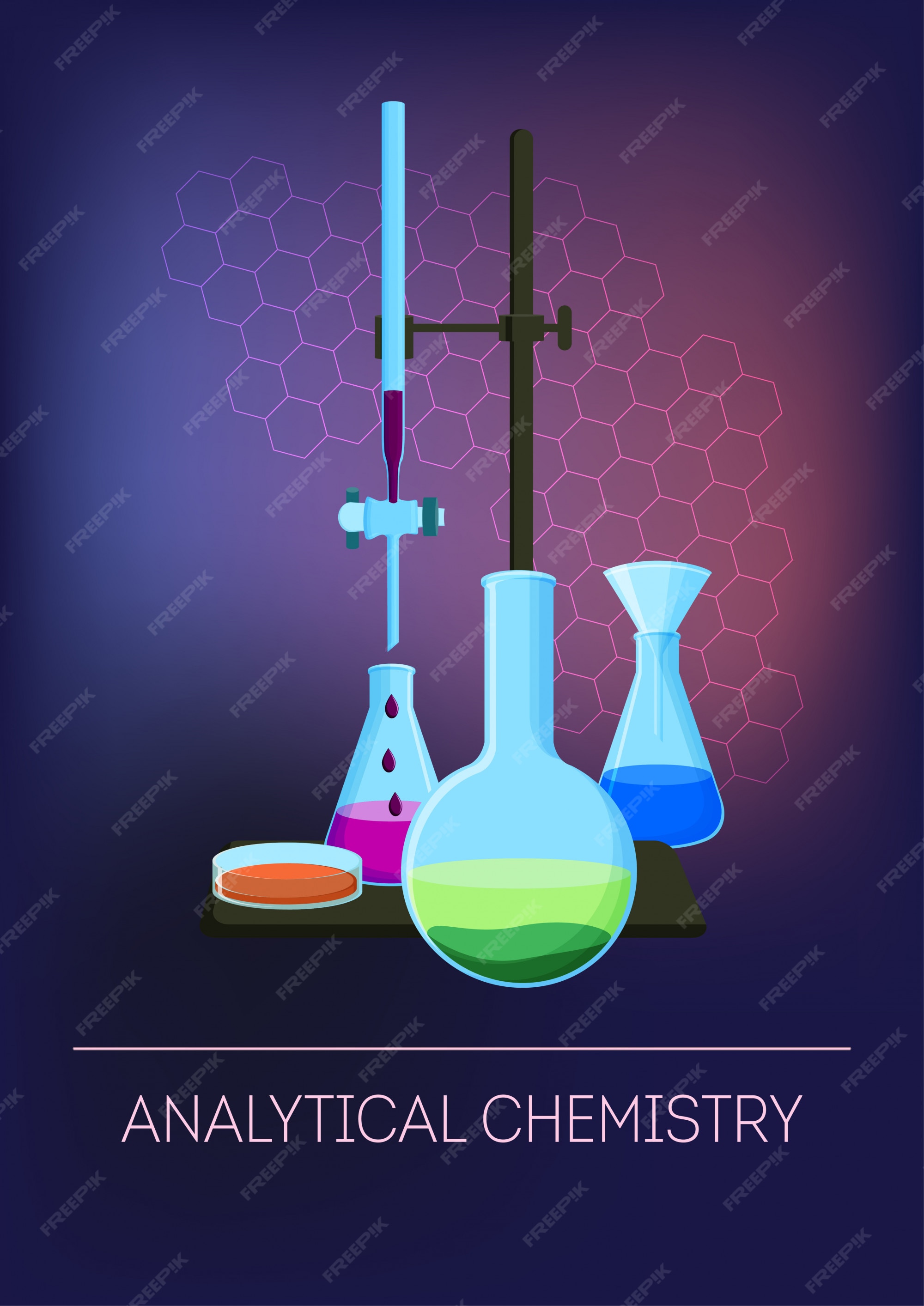 Química analítica con material de vidrio de laboratorio con reactivos. |  Vector Premium