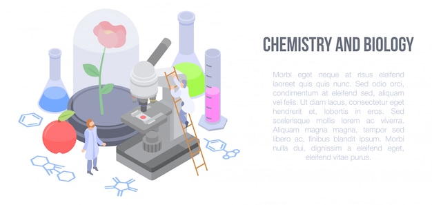 Química y biología concepto banner, estilo isométrico.