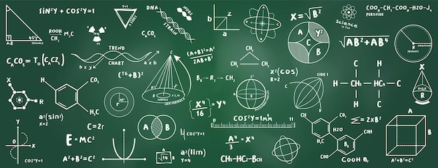 La química de las ecuaciones matemáticas y la investigación de la física cuántica con figuras geométricas en una pizarra