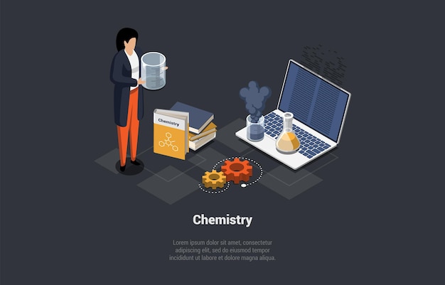 Química estudiando materia educación cursos de ciencia en línea chica de pie entre elementos de química y sosteniendo matraz de medición en sus manos sistema de educación escolar isométrica 3d vector ilustración