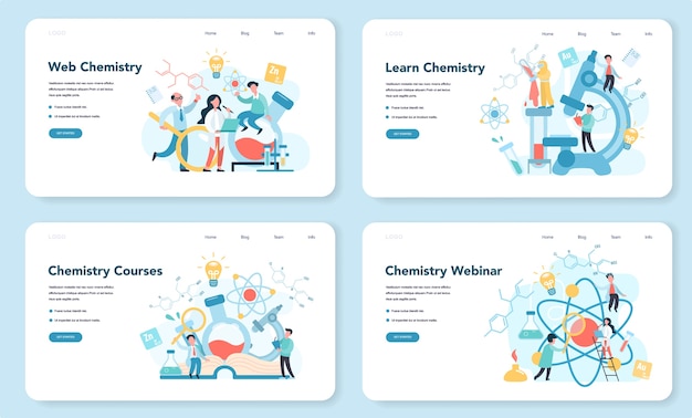 Química estudiando en webinar o curso web banner o página de destino. Experimento científico en el laboratorio. Equipo científico, educación química.